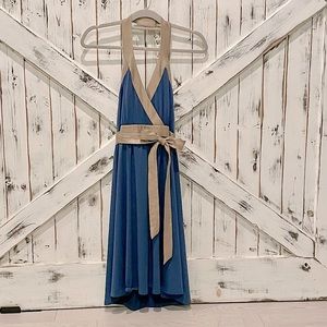 BCBG Paris Halter Jersey Dress Blue Gold Tie Belt Size 6